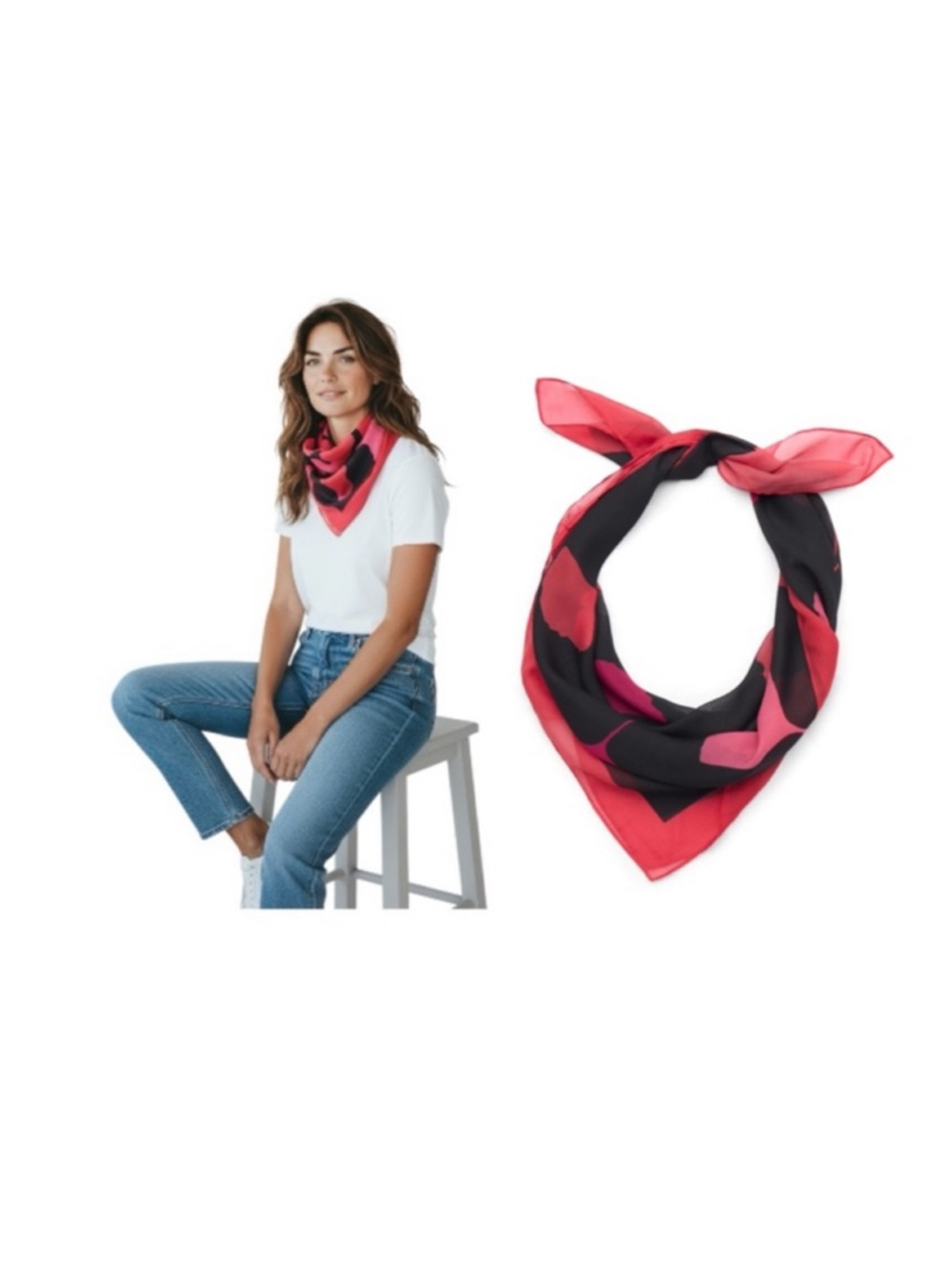 Time and Tru Black Red and Pink Floral Accents Bandana Scarf